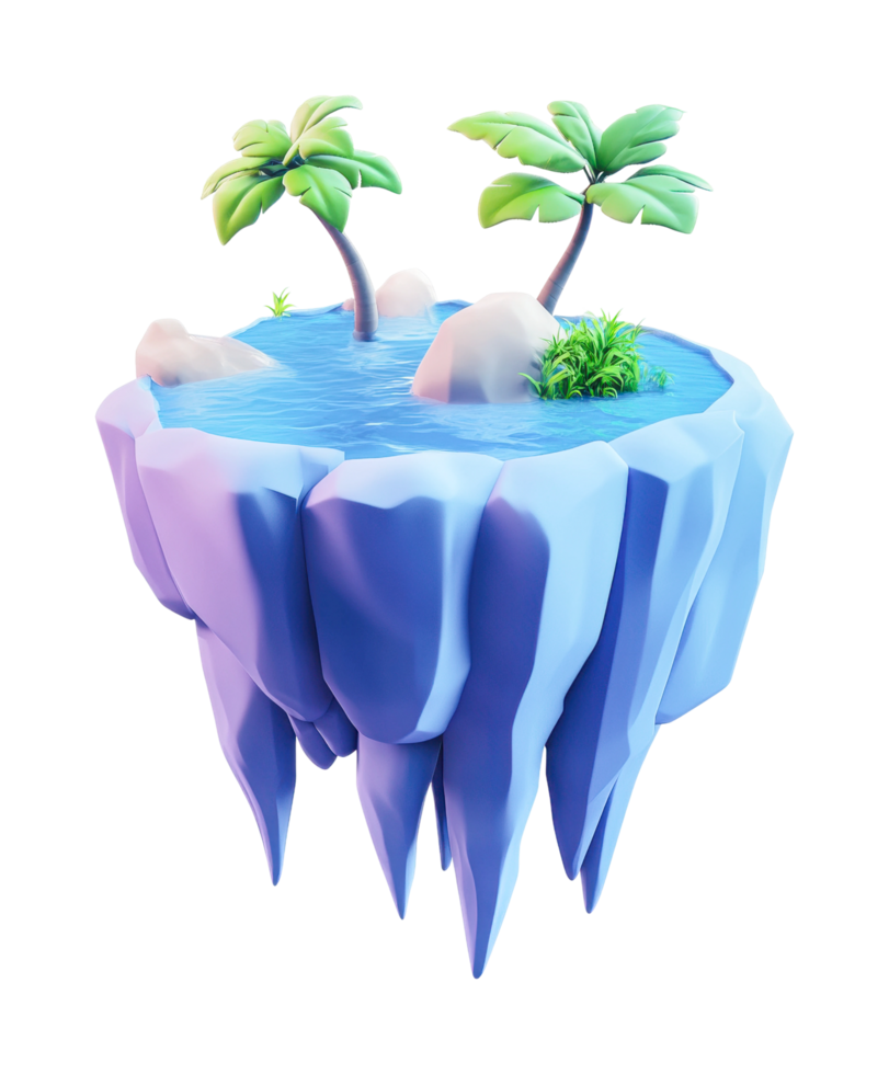 Floating island with palm trees and water surrounded by rocks png