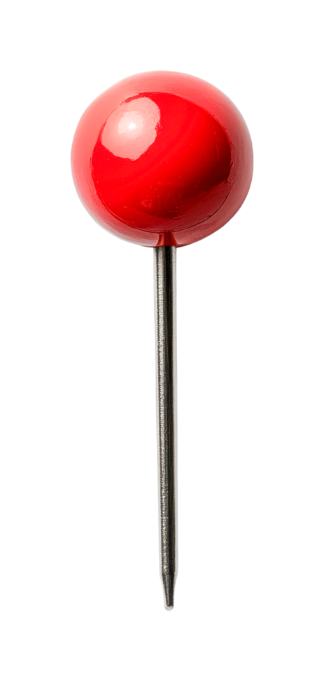Red pushpin with shiny round head and sharp metal point png