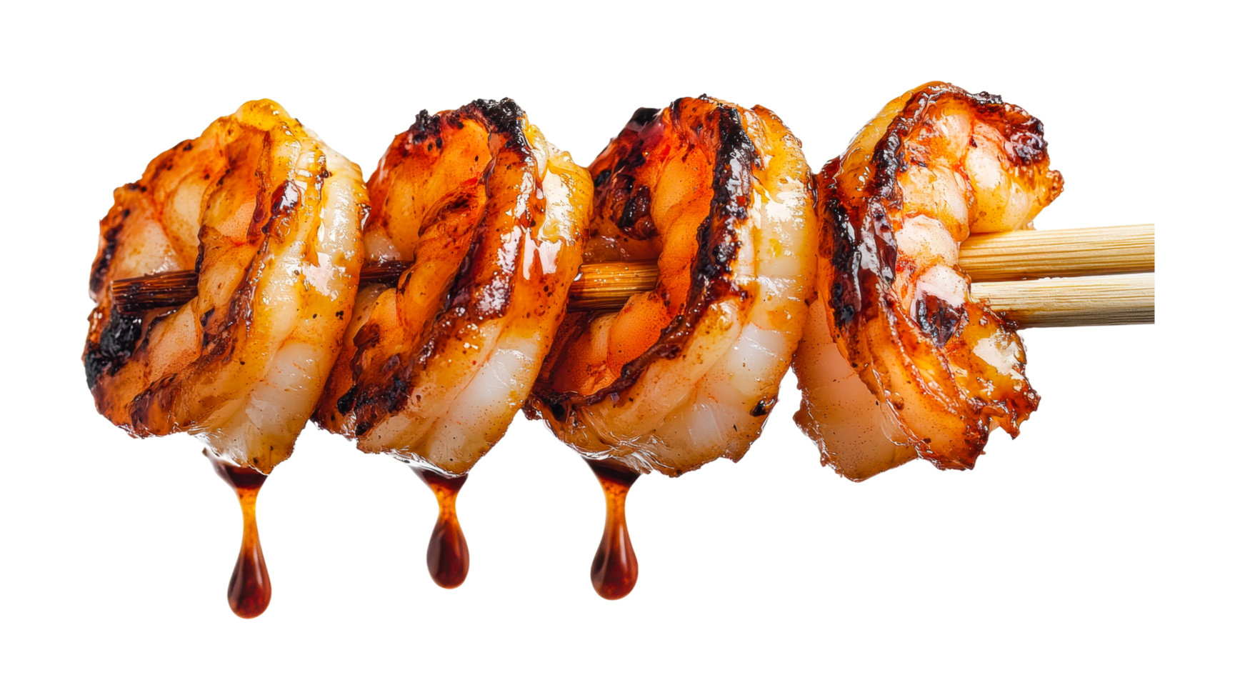 Grilled shrimp kebabs with honey glaze dripping from skewers png