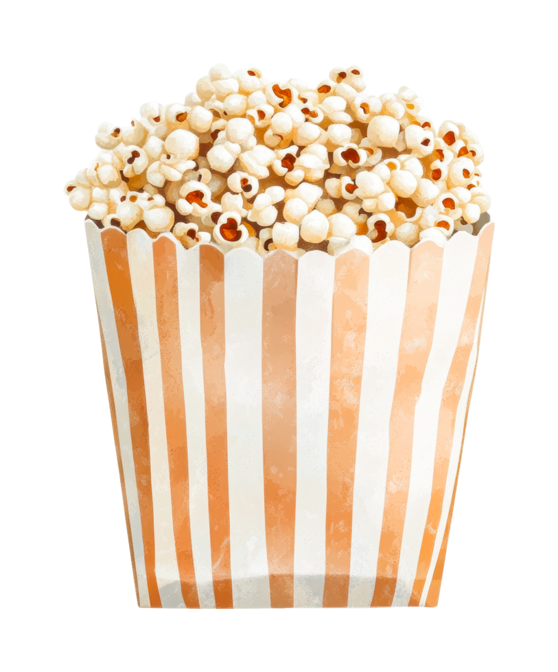 Striped popcorn box filled with freshly popped popcorn ready for enjoyment png