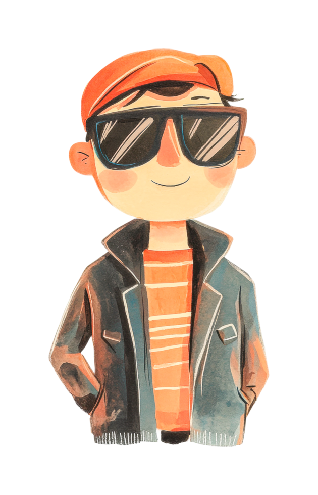 Stylish cartoon character with sunglasses in jacket and cap png