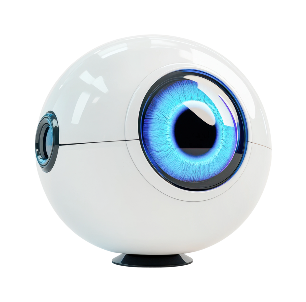 Futuristic robotic eye with blue iris and detailed design png