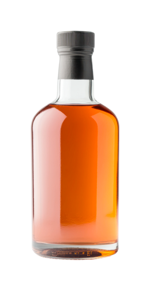 Elegant whiskey bottle with black cap and amber liquid png