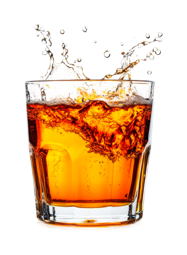 Splashing whiskey in glass with ice cubes png
