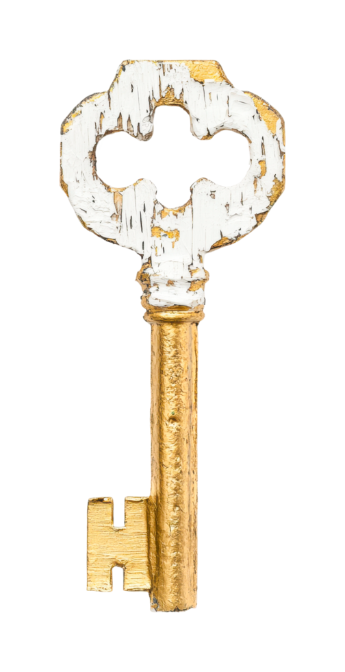 Antique gold skeleton key with vintage patina png