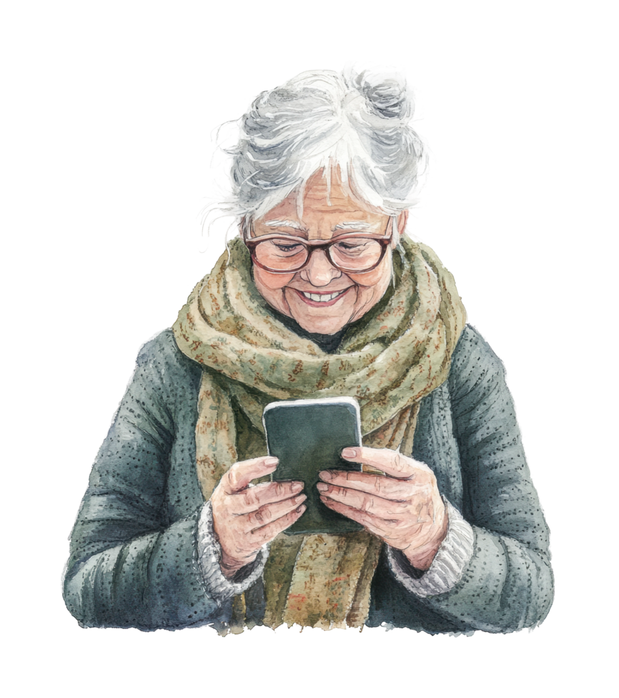 Elderly caucasian woman smiling while using smartphone png