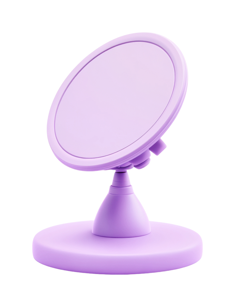 Purple round cosmetic mirror on stand with adjustable angle for vanity use png
