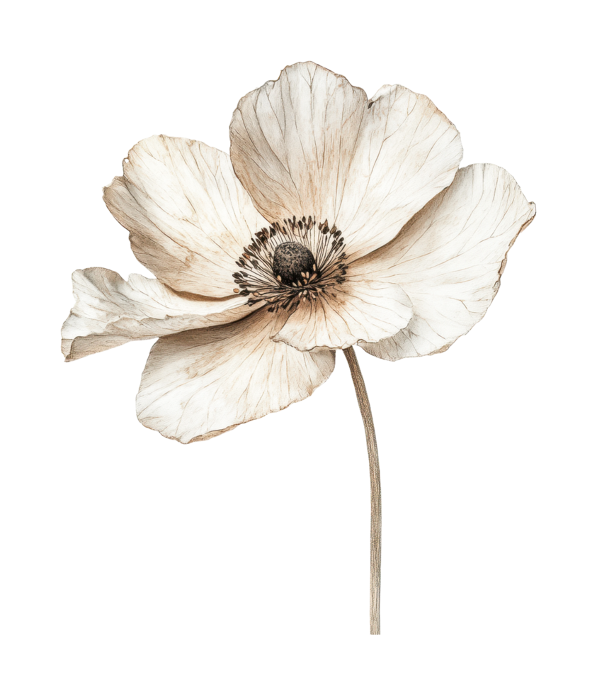 Dried white flower with delicate petals on black png