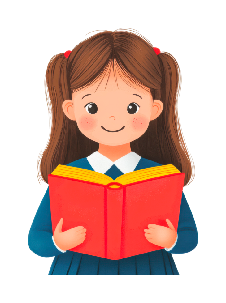 Smiling girl reading a book - female child cartoon with red book png