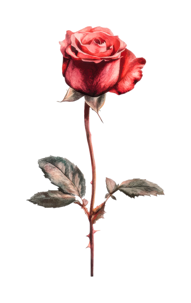 Single red rose with stem and leaves png