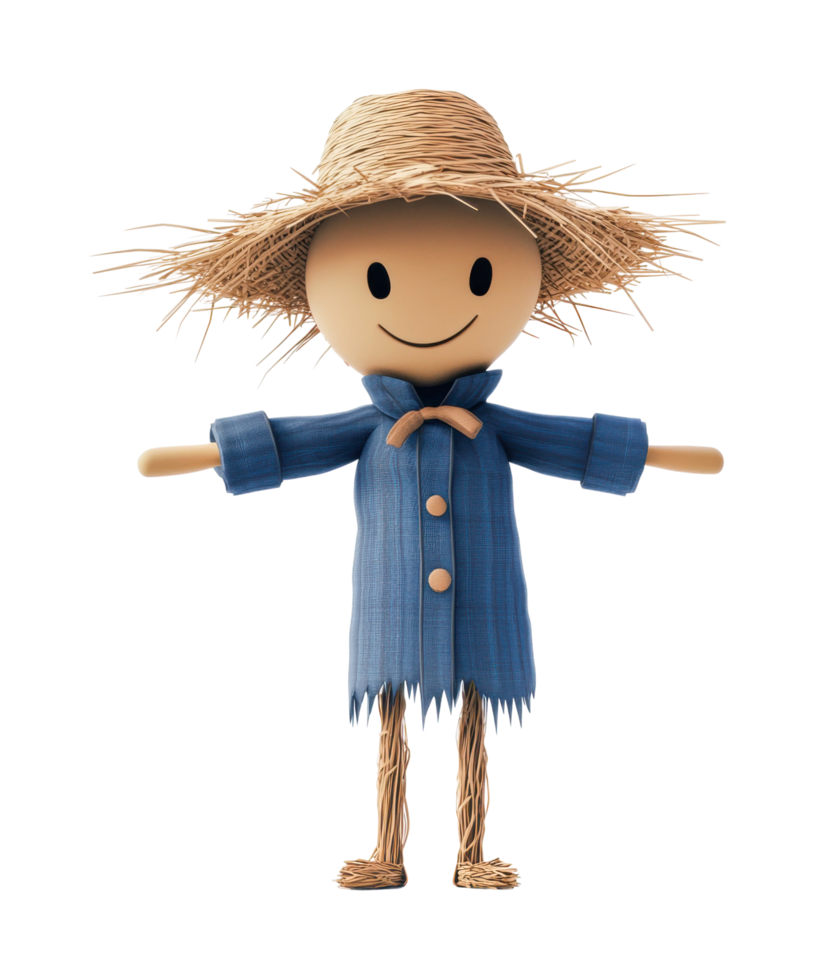 Straw scarecrow with buttoned blue shirt and hat png
