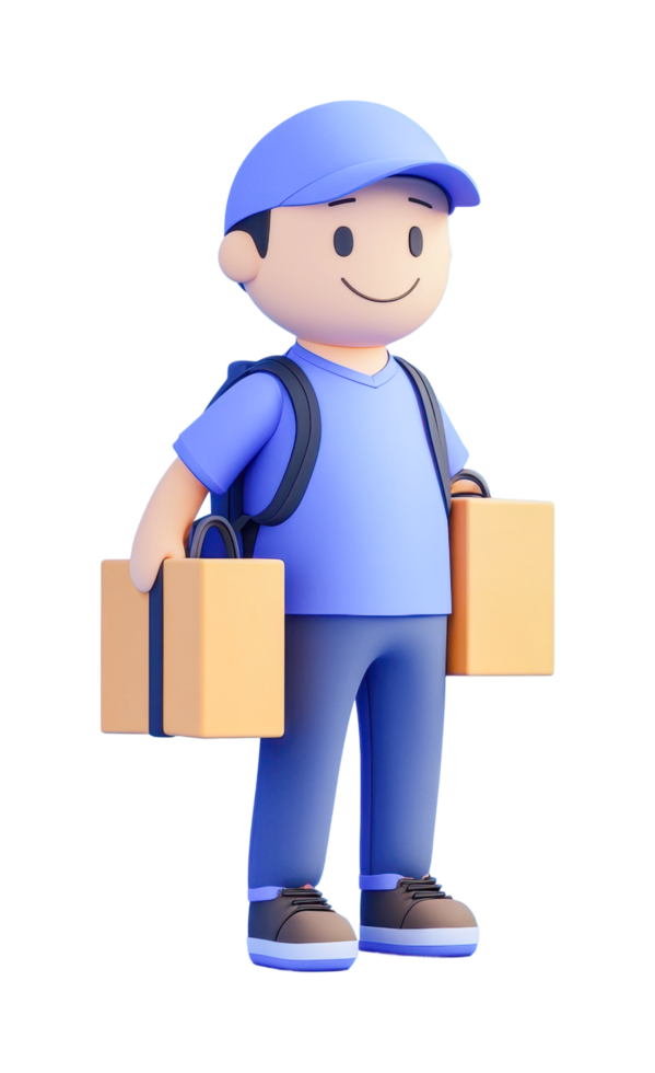 Cartoon delivery boy with boxes and backpack smiling png