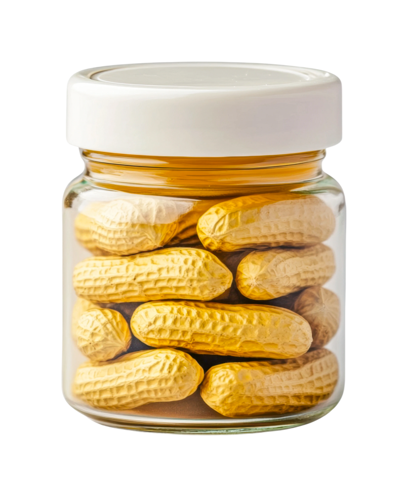 Glass jar filled with peanuts displaying nut arrangement and texture png
