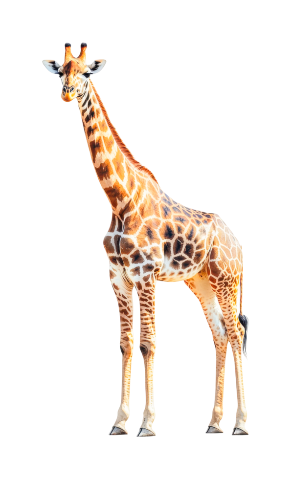 Tall giraffe standing gracefully with patterned coat and long neck in profile view png