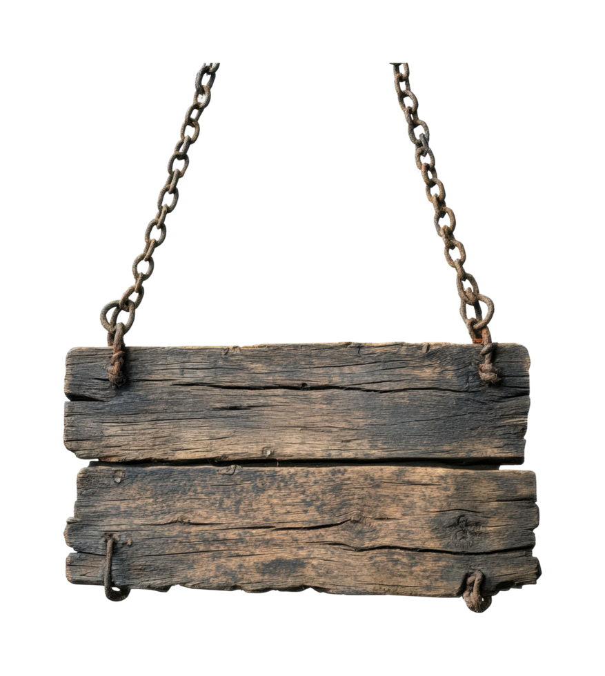 Rustic hanging wooden sign with metal chains for vintage decor png
