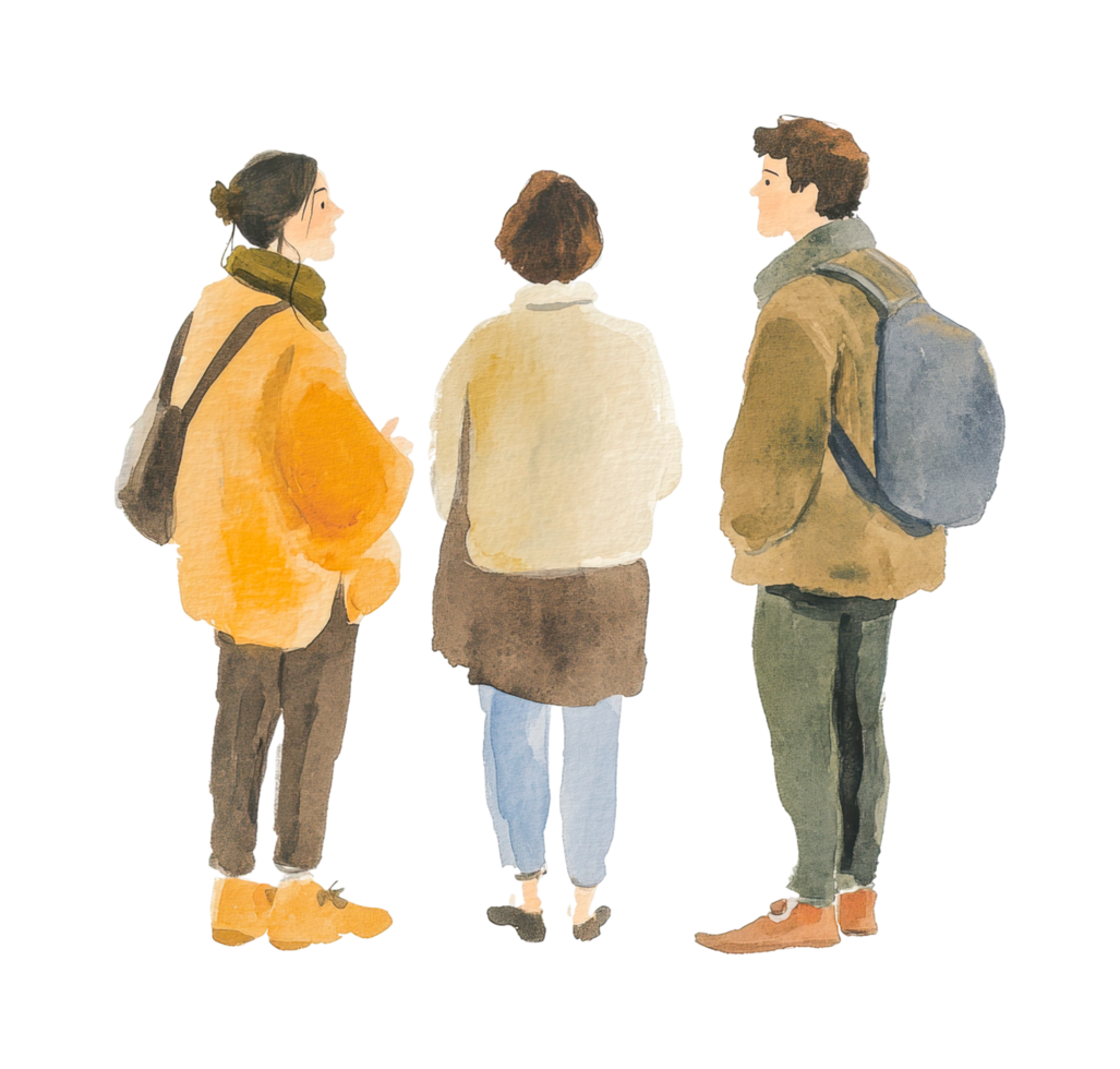 Young caucasian adults in warm clothing engaged in conversation png