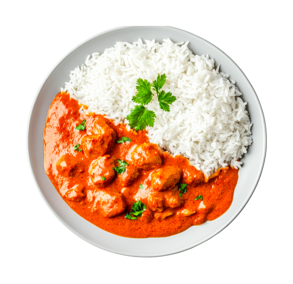 Flavorful chicken curry with basmati rice garnished with fresh herbs png