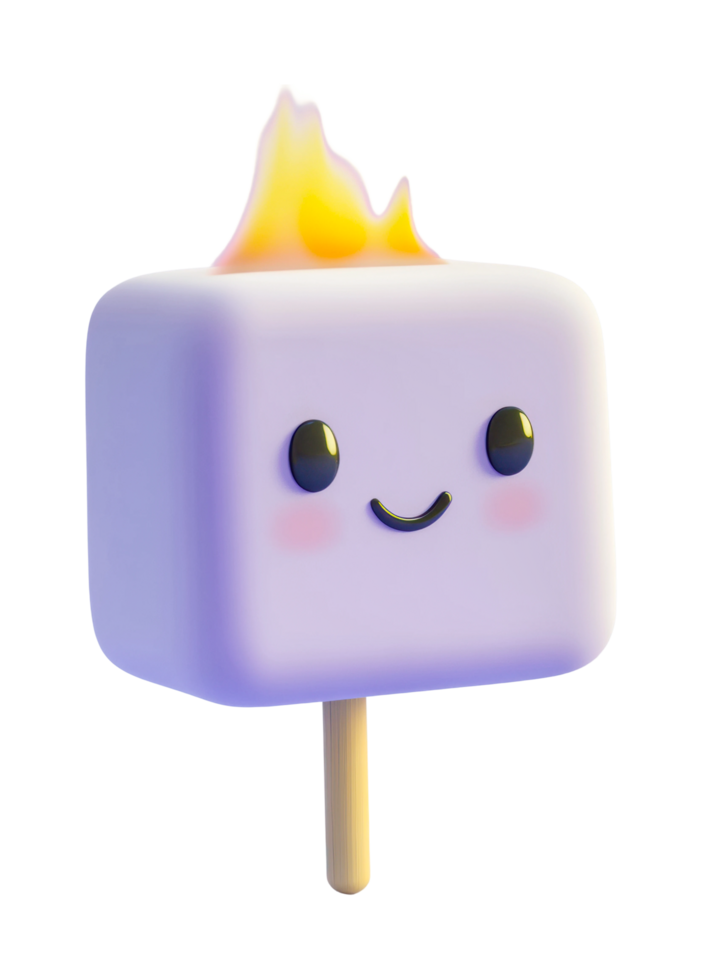 Smiling cartoon marshmallow character with fire on top png