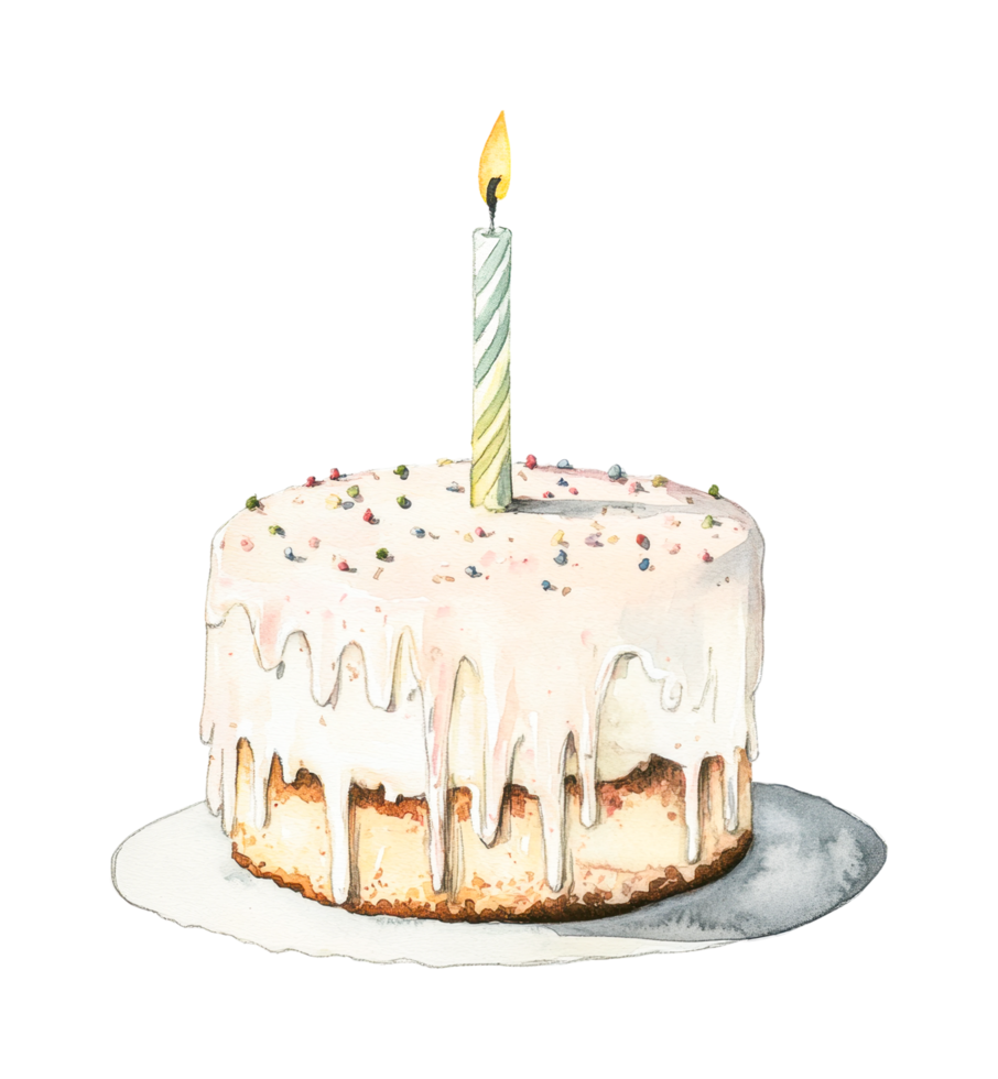 Celebratory cake with candle featuring icing and sprinkles png