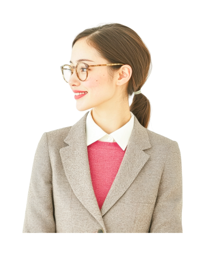 Asian female young adult in business attire with glasses smiling right png