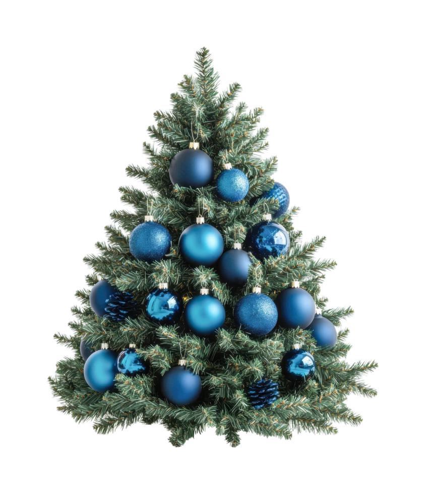 Festive christmas tree with blue ornaments and pine cones png