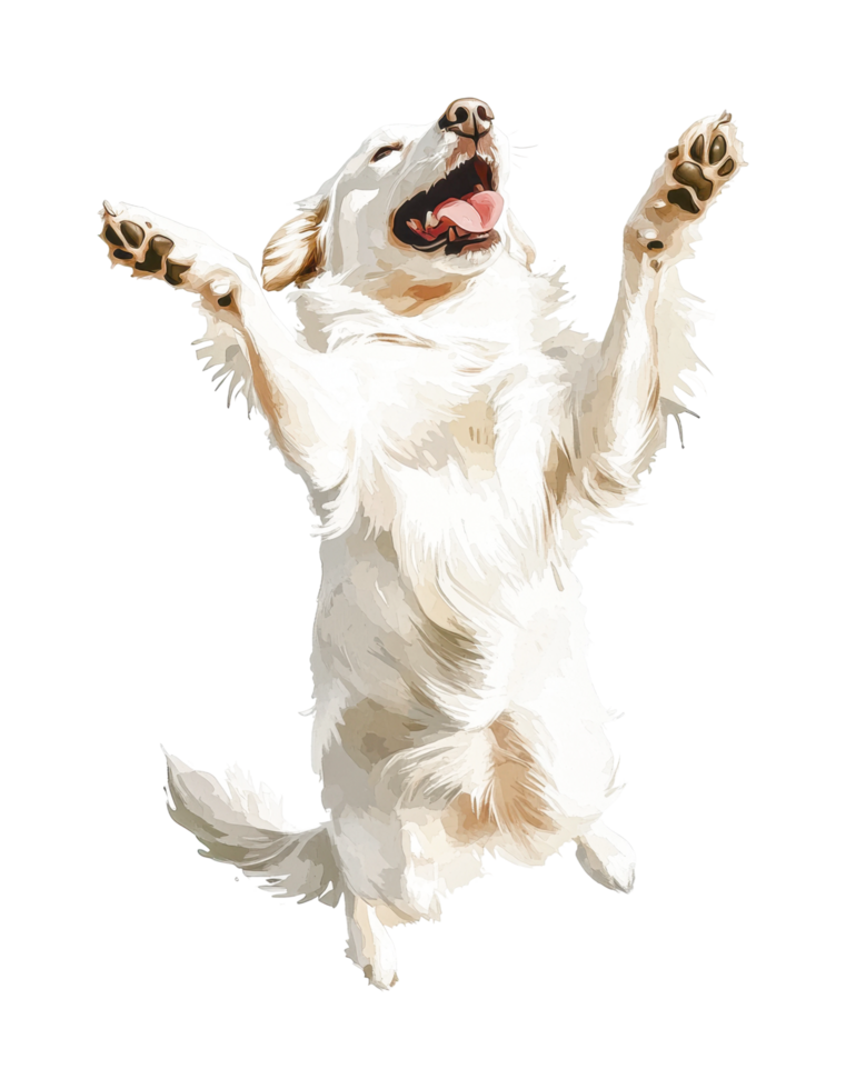 Golden retriever jumping happily with paws raised in the air png