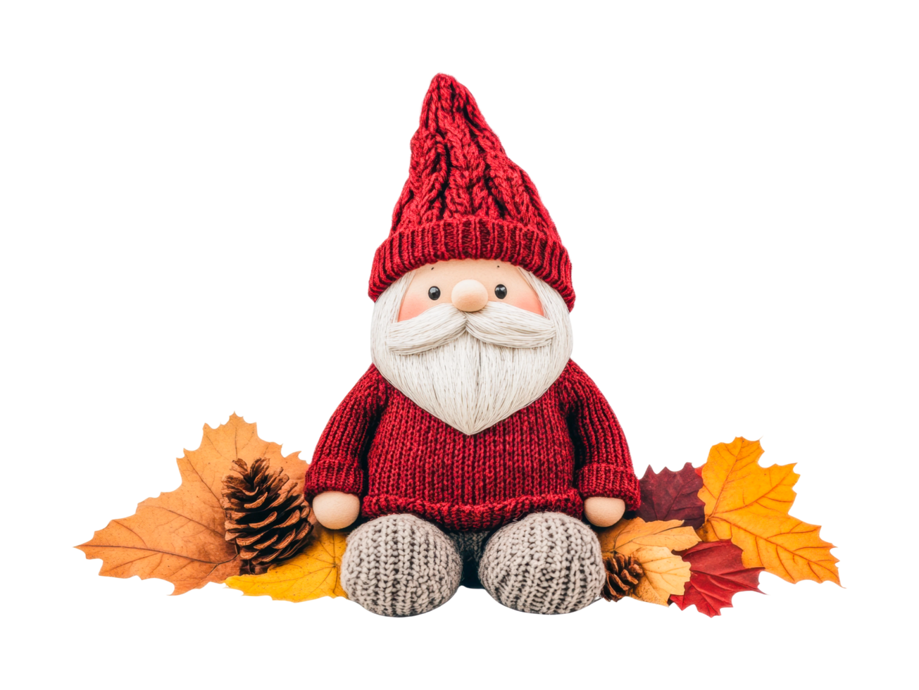 Cute autumn gnome figurine surrounded by colorful fall leaves and pinecones png