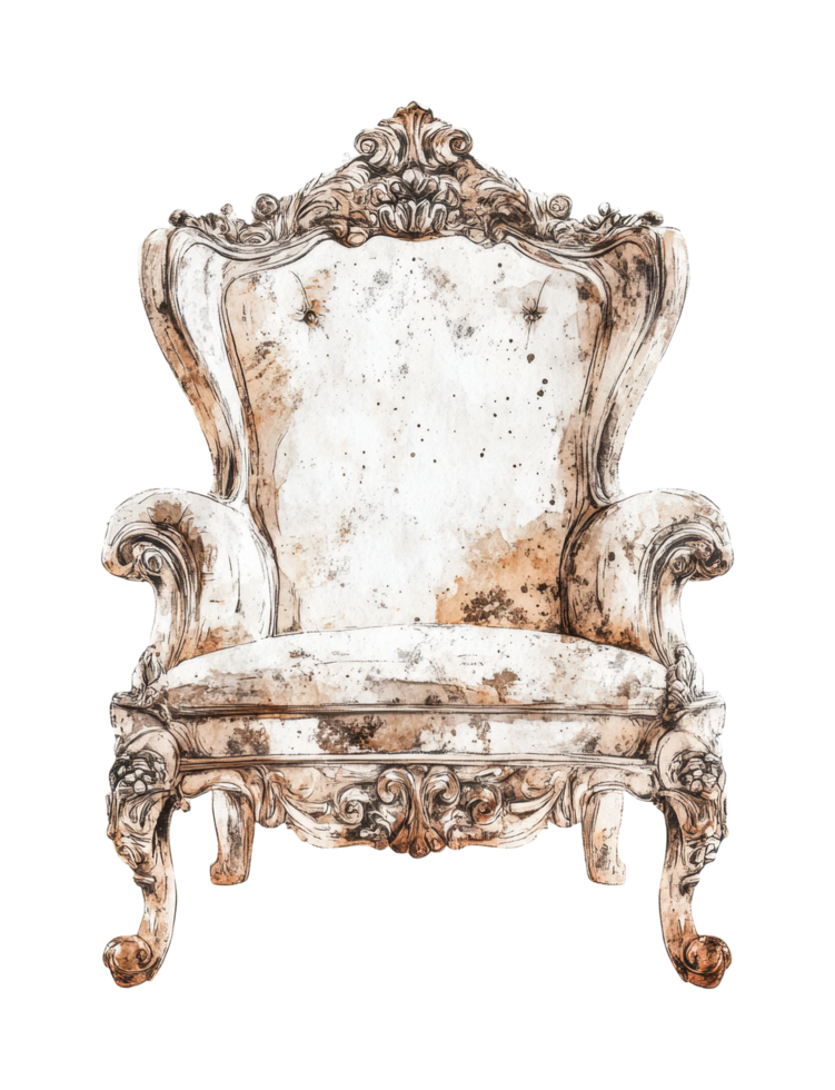 Ornate vintage armchair with intricate carvings and baroque style png