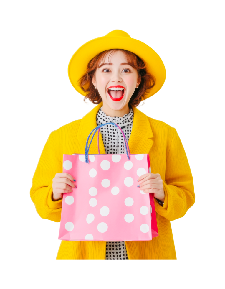 Caucasian female young adult smiling with shopping bag in stylish fashion attire png