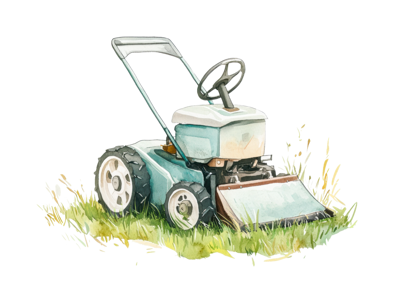Vintage lawn mower on grass illustration depicting classic gardening equipment png