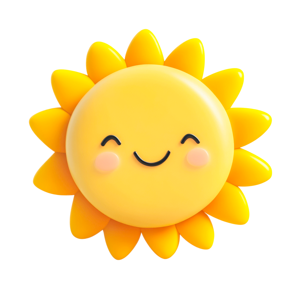 Smiling cartoon sun with radiant yellow rays and cute facial expression png