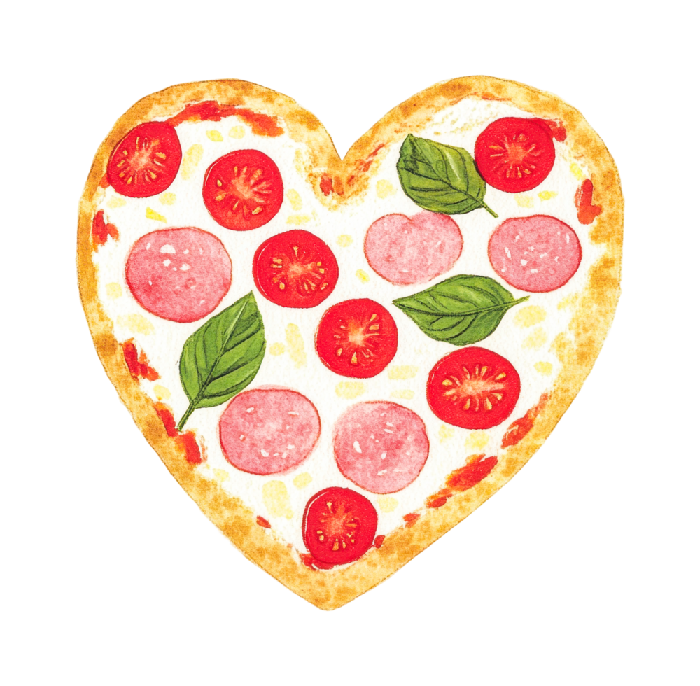 Heart-shaped pizza with salami, tomato, and basil toppings png