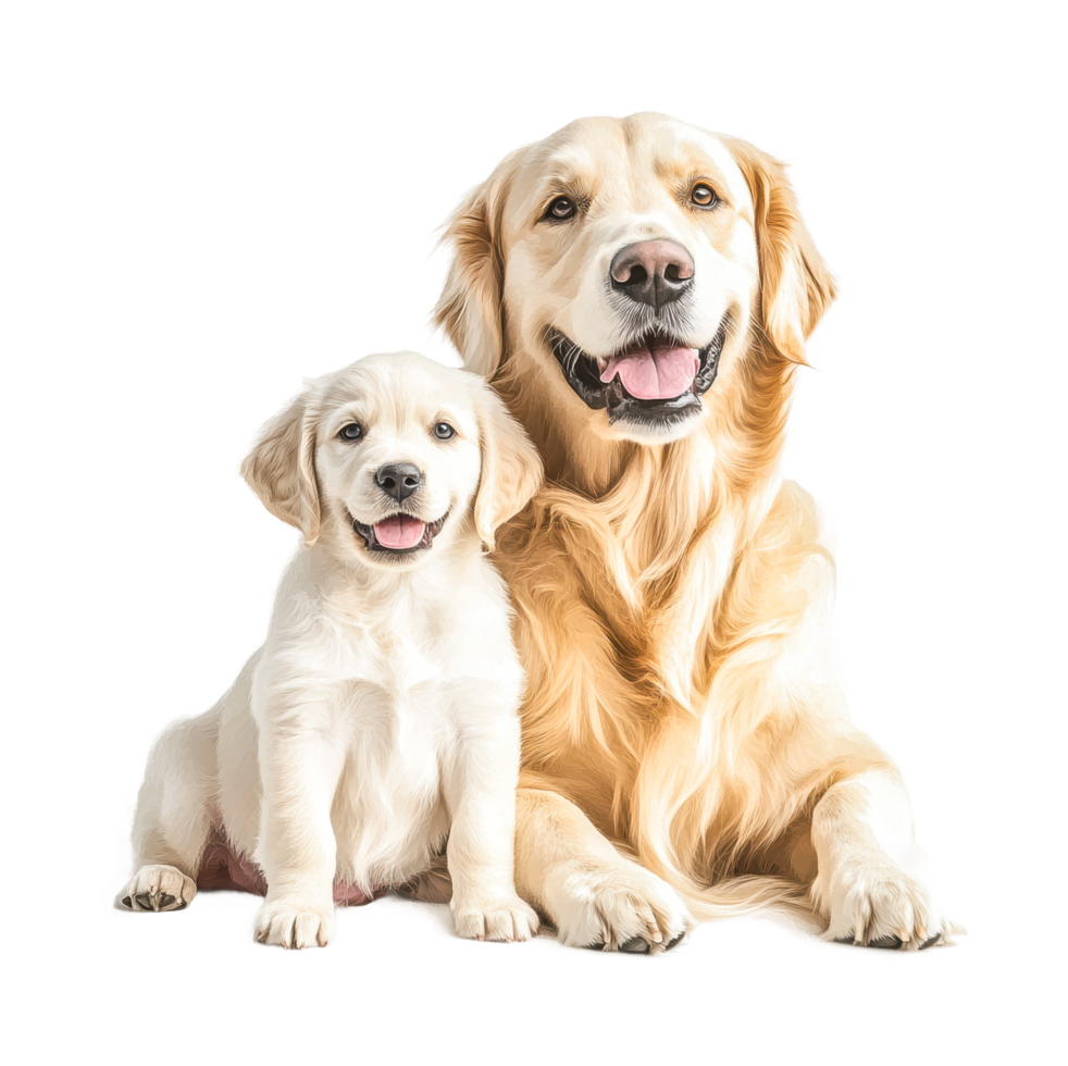 Happy golden retriever and puppy posing together with smiles png