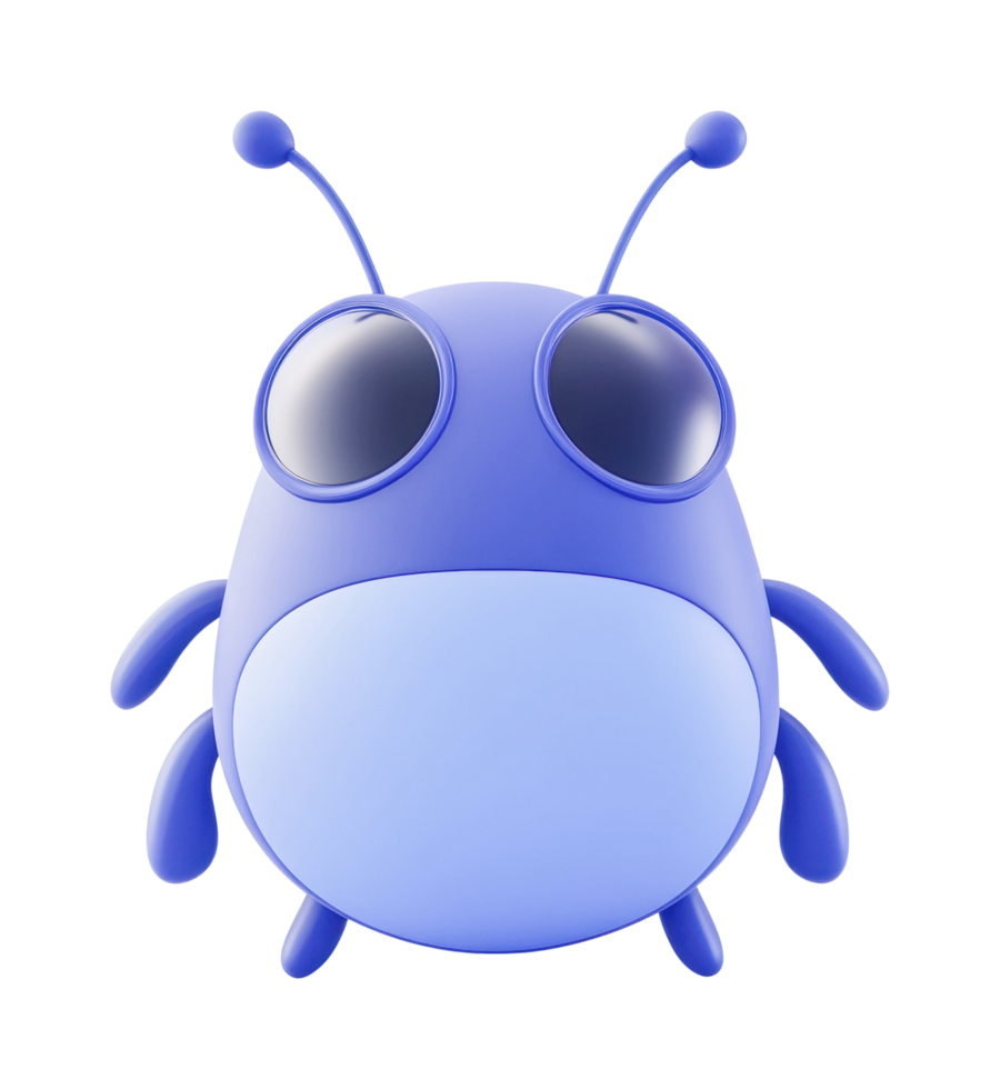 Cute blue cartoon bug character with antennae and big eyes png