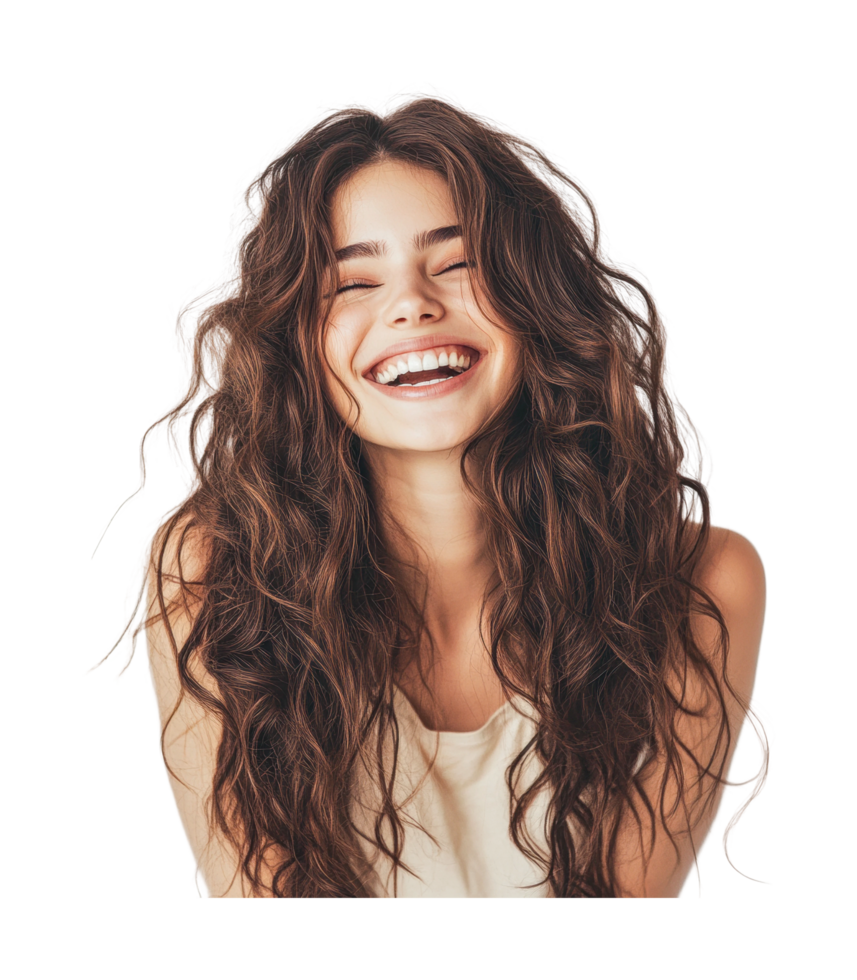 Young caucasian female with long wavy hair smiling joyfully png