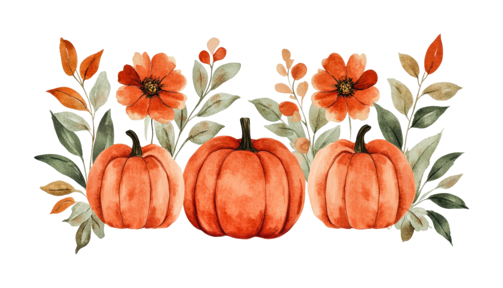 Autumn harvest with pumpkins and orange flowers png