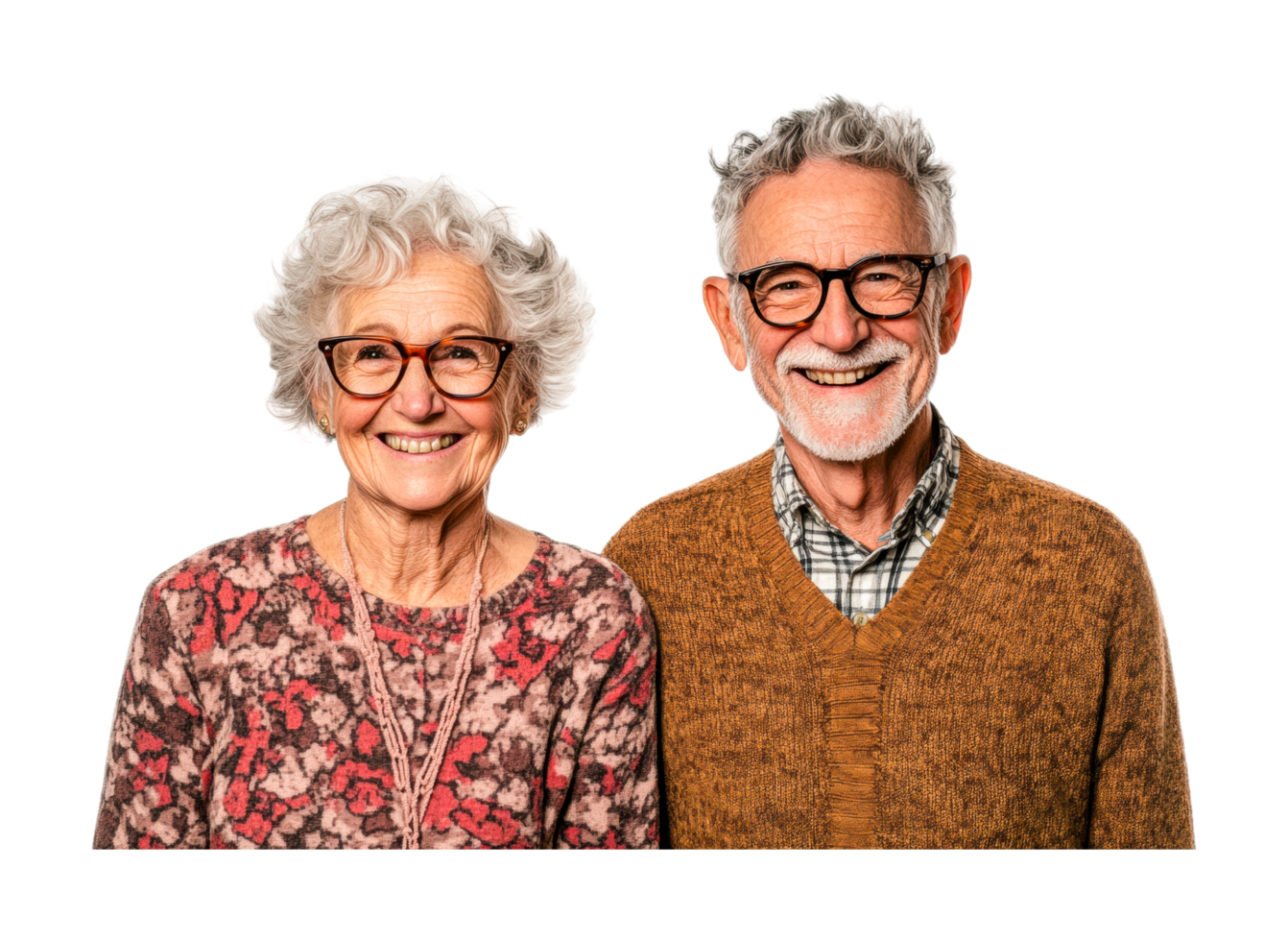 Elderly caucasian couple smiling in casual attire with glasses png