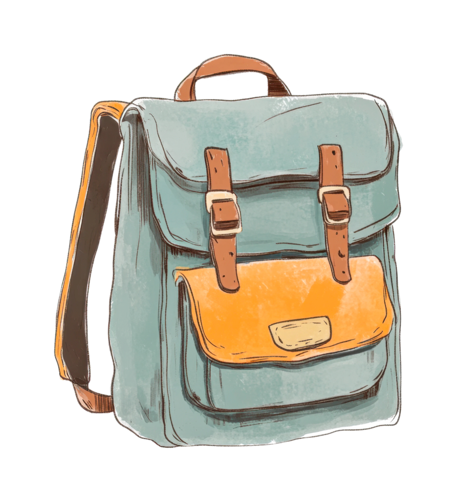 Vintage style backpack with leather straps and front pocket png