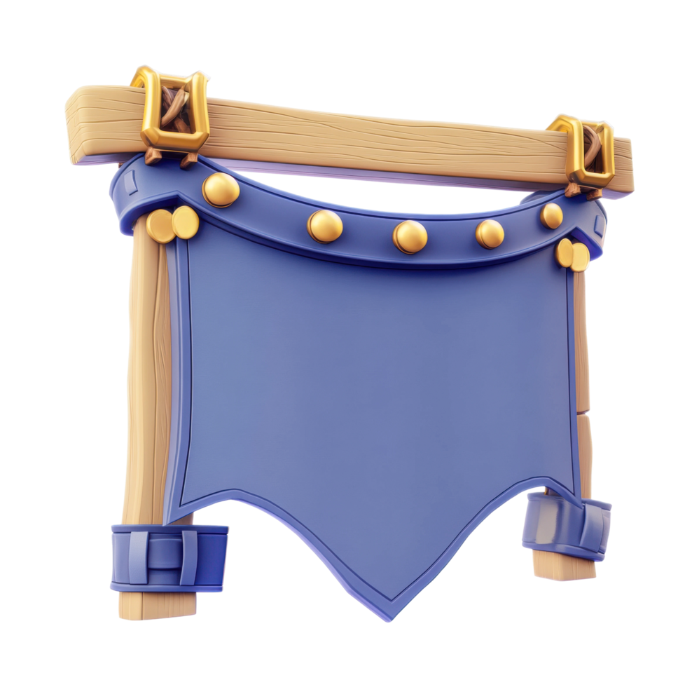 Medieval blue banner with wooden frame and studded details png