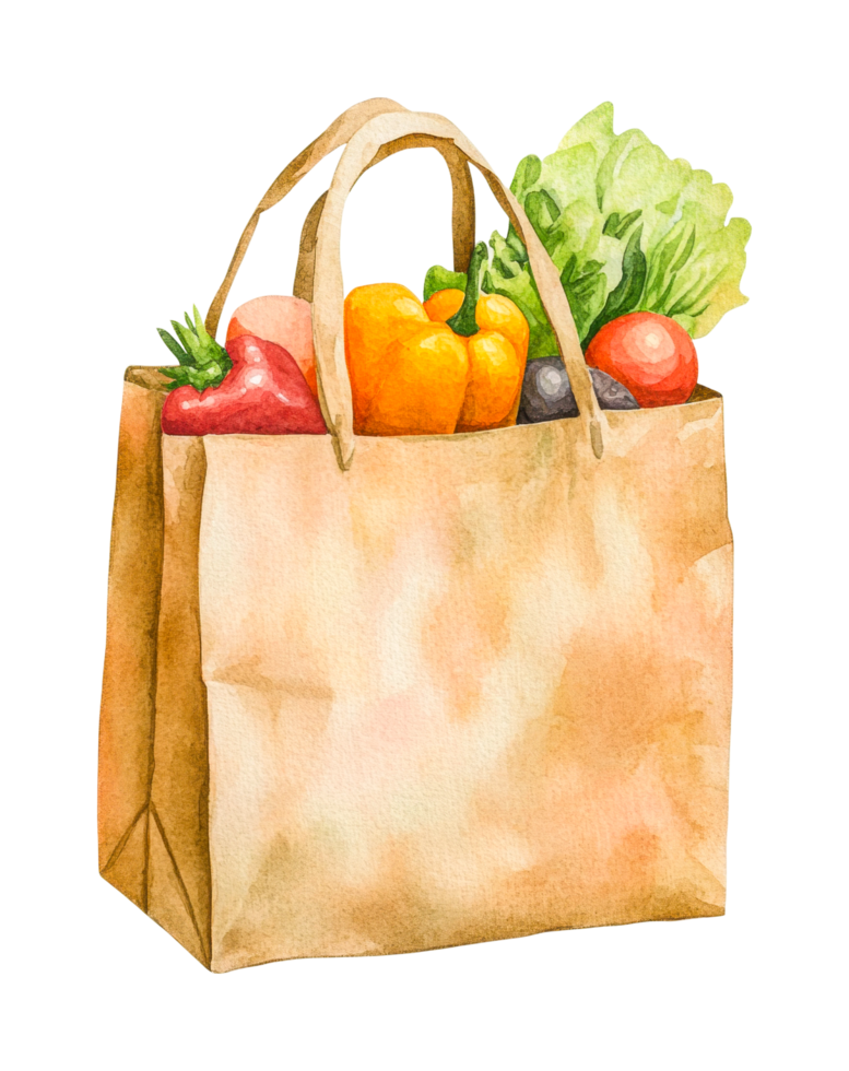 Watercolor paper bag with fresh vegetables and fruits png