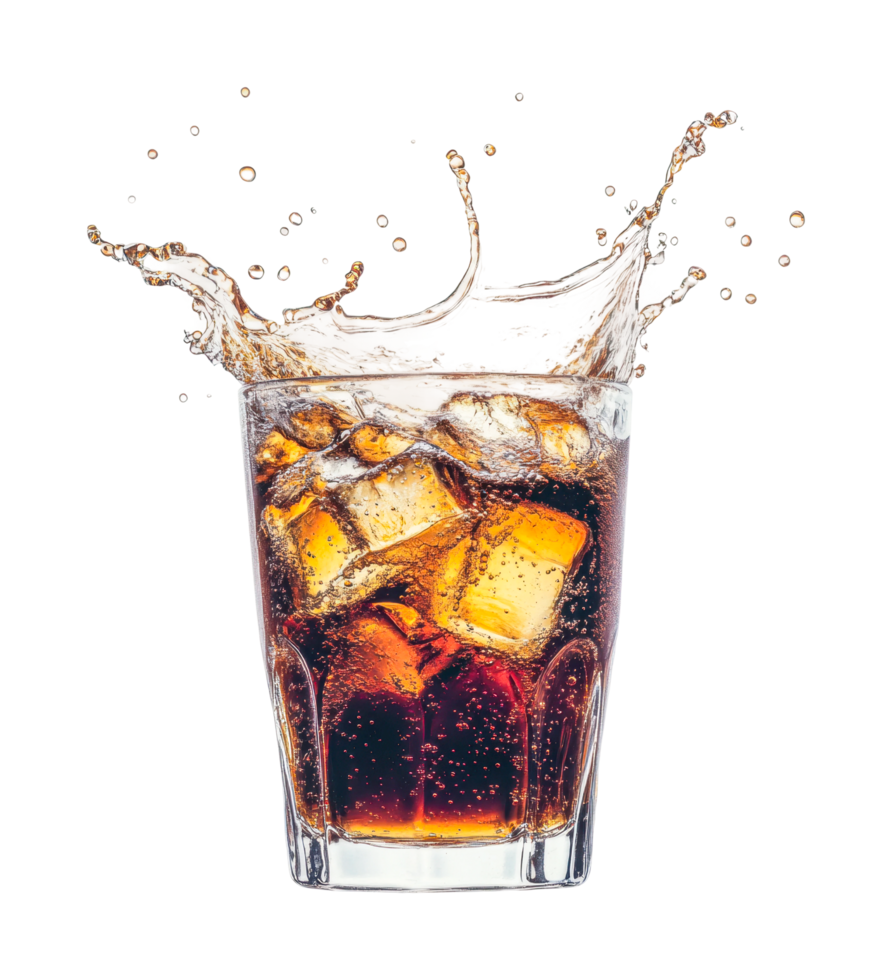 Splashing cola with ice cubes in glass png