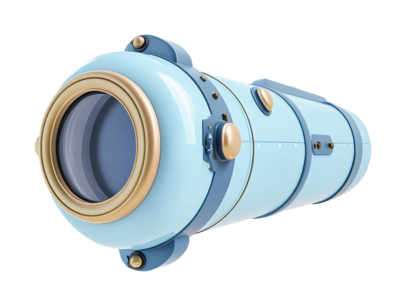 Retro futuristic blue telescope with golden detailing and circular lens png
