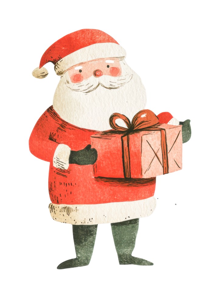 Cartoon santa claus holding gift box in festive holiday attire png