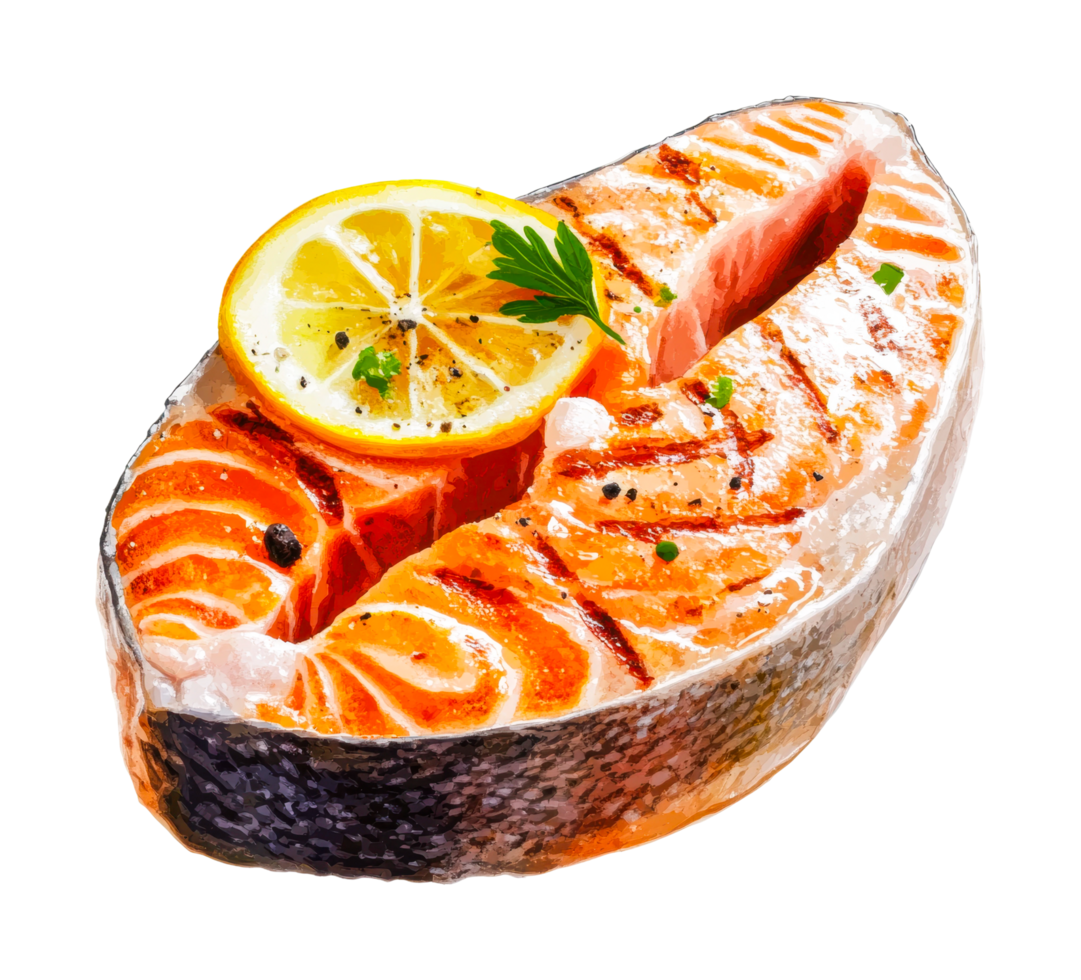 Grilled salmon steak with lemon and herbs png
