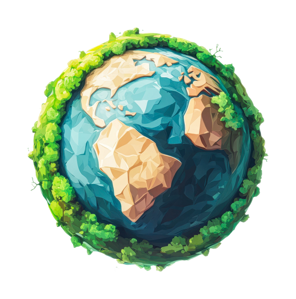 Geometric earth with lush greenery and vibrant oceans surrounded by foliage png