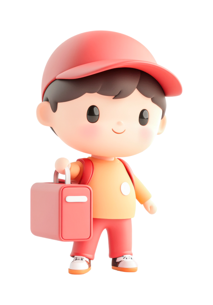 Cute cartoon child with red cap and suitcase png