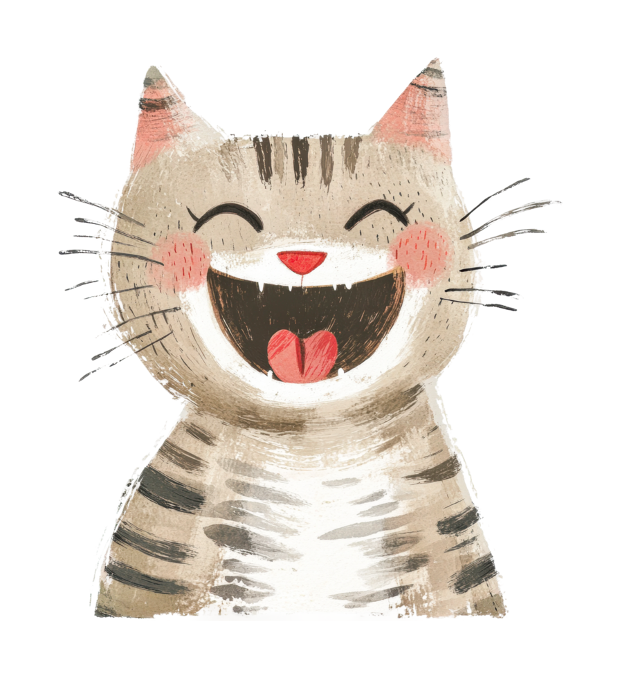 Joyful cartoon cat with striped fur and whiskers smiling widely png
