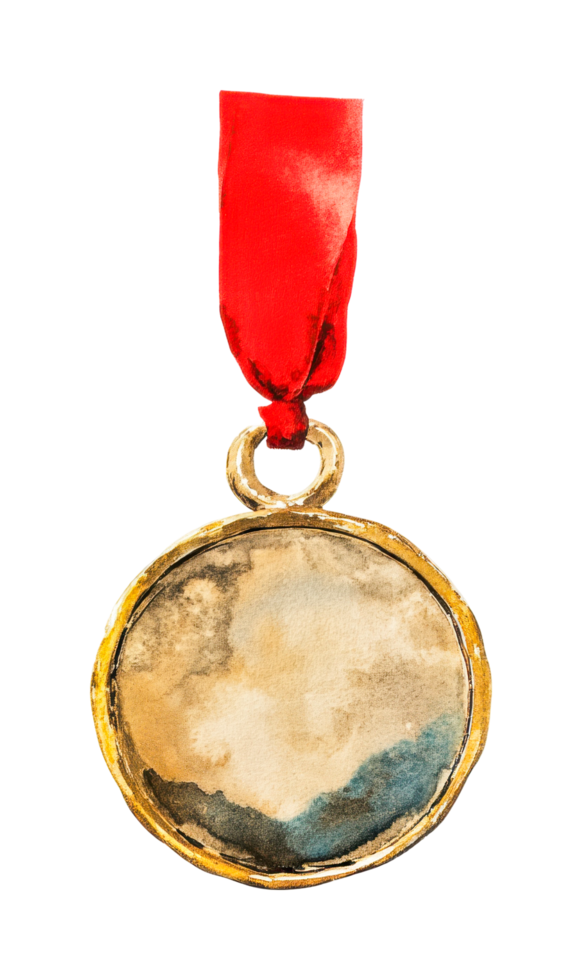 Gold medal with red ribbon and artistic stain design png