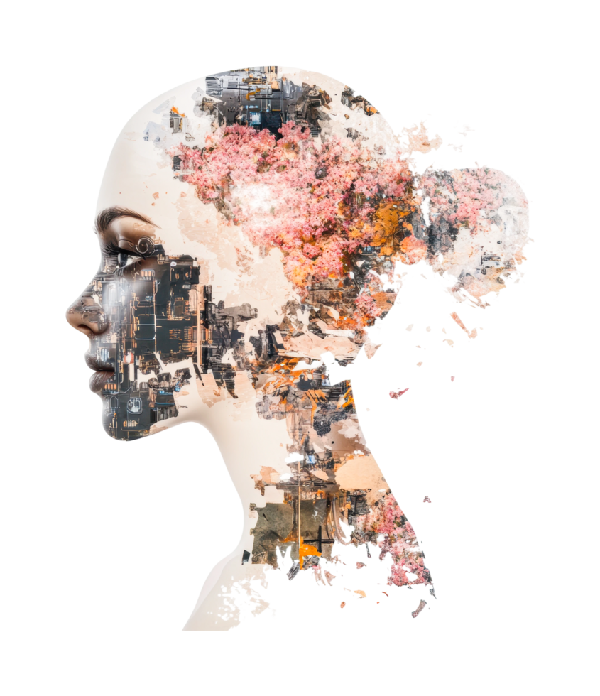 Double exposure profile of artistic female silhouette with abstract floral elements png