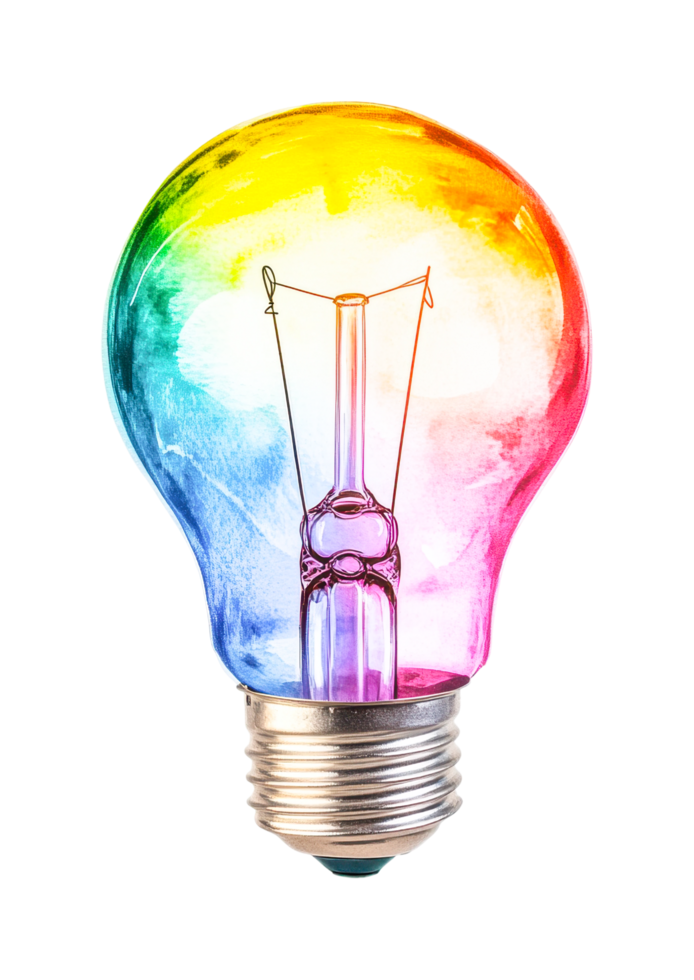 Colorful rainbow-tinted light bulb with vibrant spectrum glow png